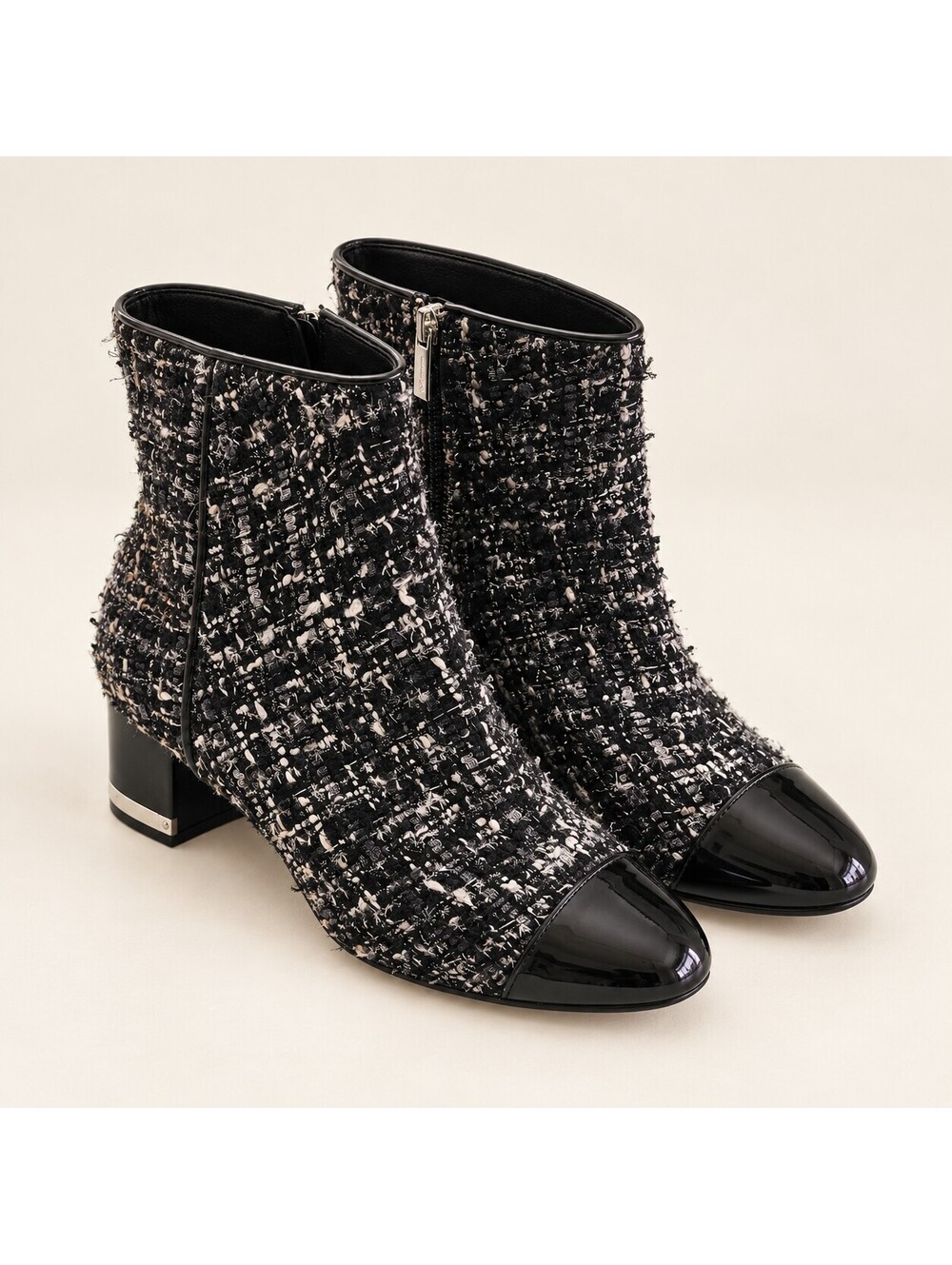 Michael Kors Marcie Tweed Patent Leather Ankle Boots Black White Size 8M